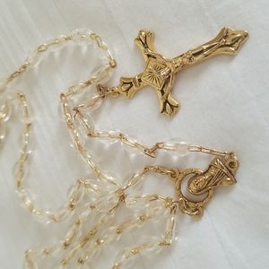 Catholic Crucifix Gold Tone Clear Rosary Beads